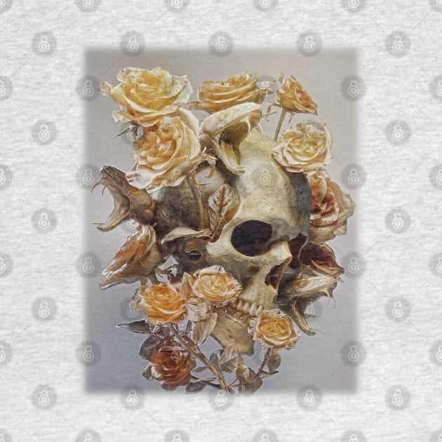 Human skull with snake heads surrounded by dry roses. by Semenov